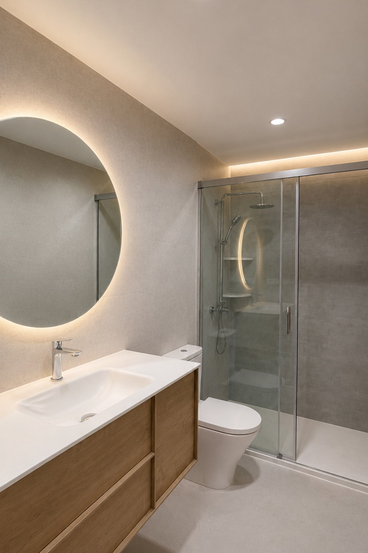 refoma baño tonos neutros y madera